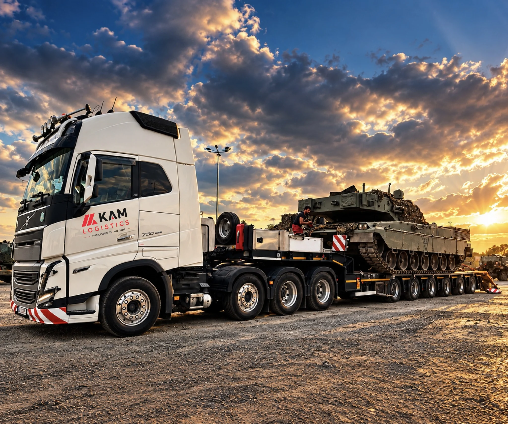 KAM Logistics Volvo FH 750 transporting tracked military equipment on specialized trailer