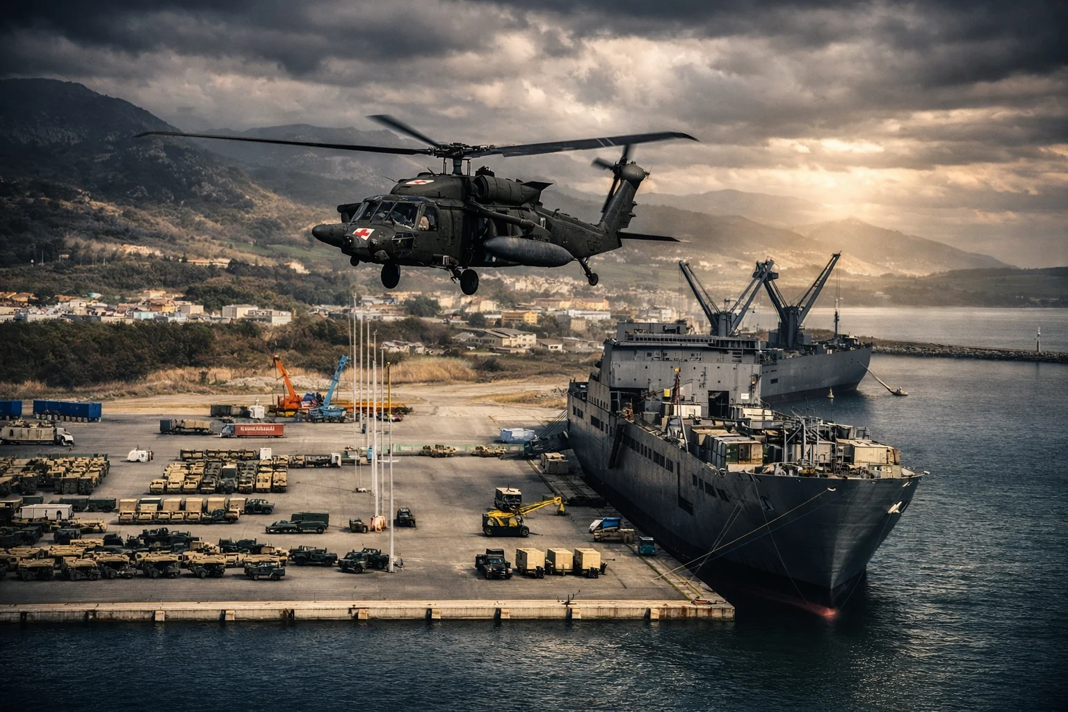 Military equipment staging and vessel at port during coordination of onward road transport